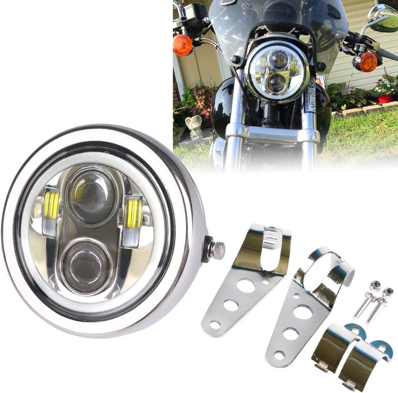 ZZJAUBI Chrome 5-3/4inch Motorcycle Headlight White Halo Ring with Headlight Housing Mount Bracket compatible with Shadow 750 Rebel 500 Cafe Racer Bober Cruiser - Image 1